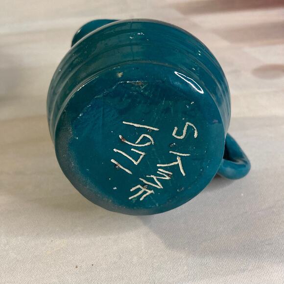 Vintage 70s Artisan Mini Ceramic Creamer Deep Teal Green Signed Ohio Made - Picture 3 of 3